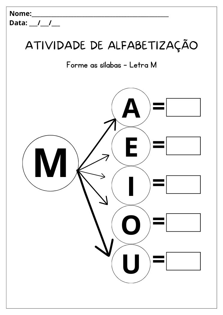 Atividade de alfabetização forme as sílabas letra M para imprimir