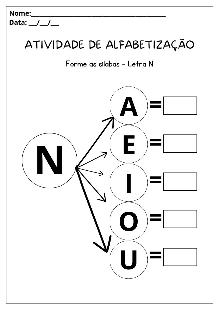 Atividade de alfabetização forme as sílabas letra N para imprimir