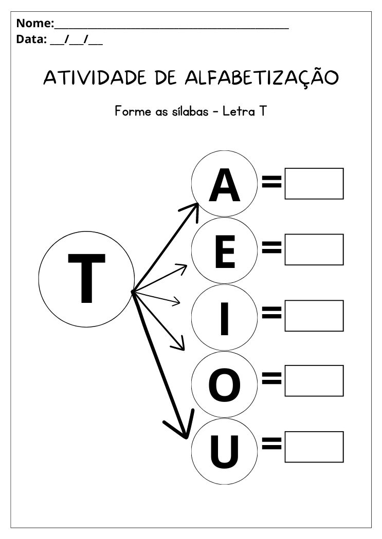 Atividade de alfabetização forme as sílabas letra T para imprimir