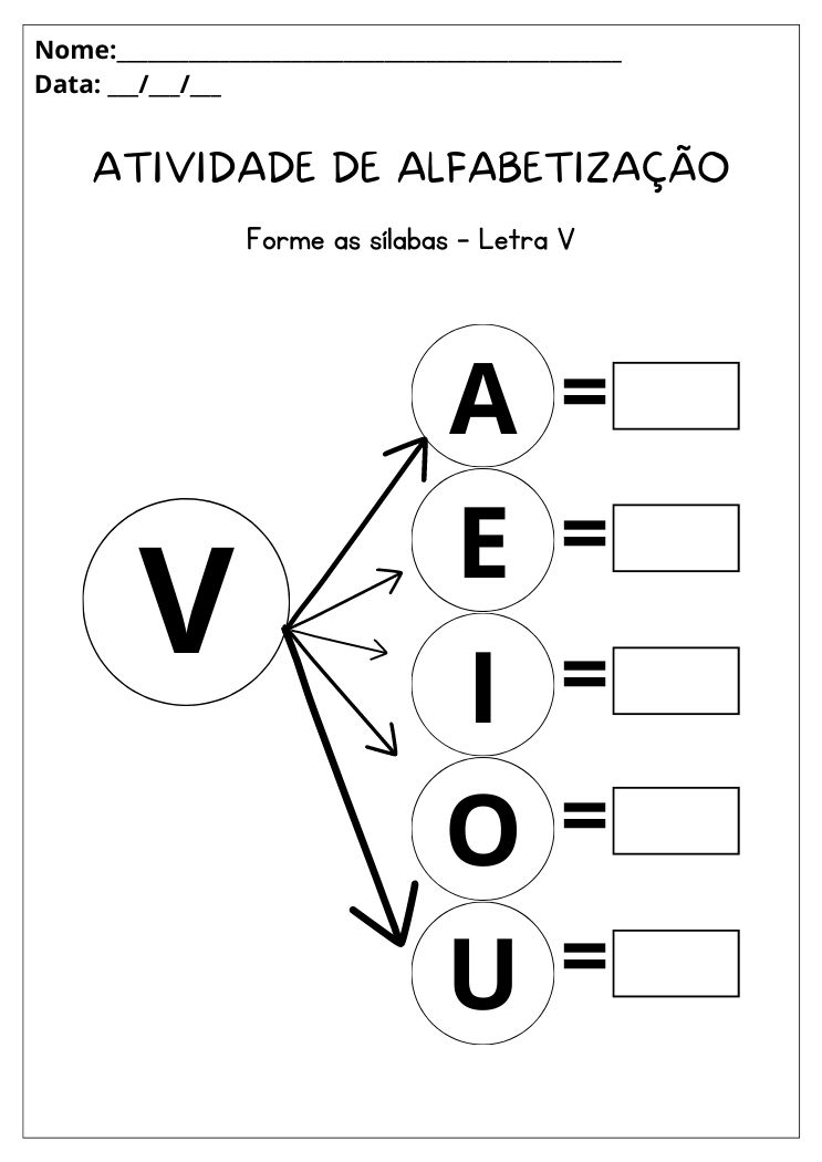Atividade de alfabetização forme as sílabas letra V para imprimir