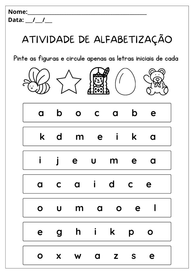Atividade de alfabetização pinte as figuras e circule as letras iniciais de cada para imprimir