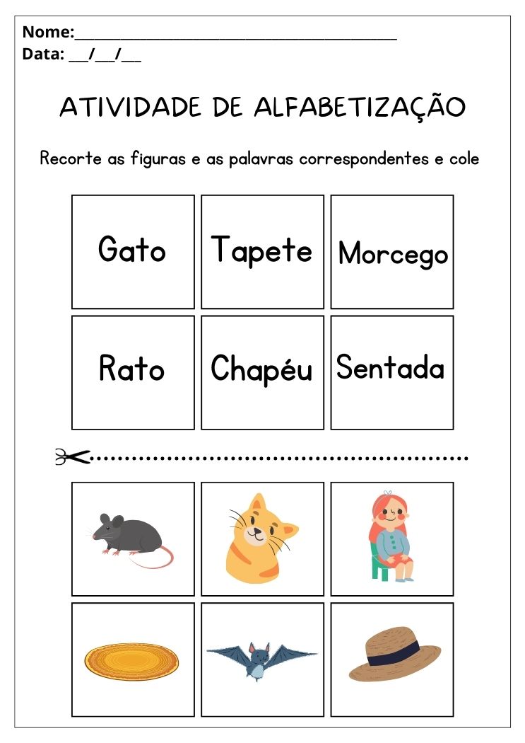 Atividade de alfabetização recorte as figuras e palavras correspondentes e cole para imprimir