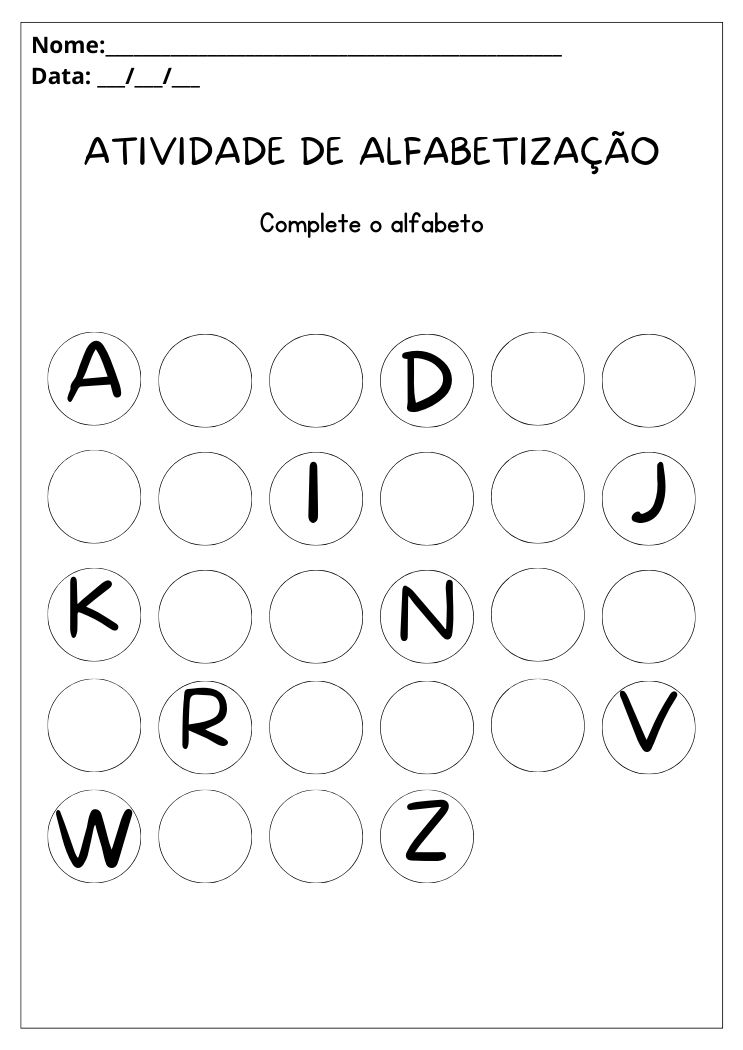 Atividade de alfabetização complete o alfabeto para imprimir