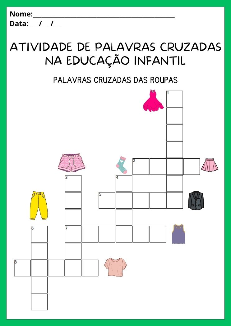 Atividade de palavras cruzadas das roupas na educação infantil para imprimir