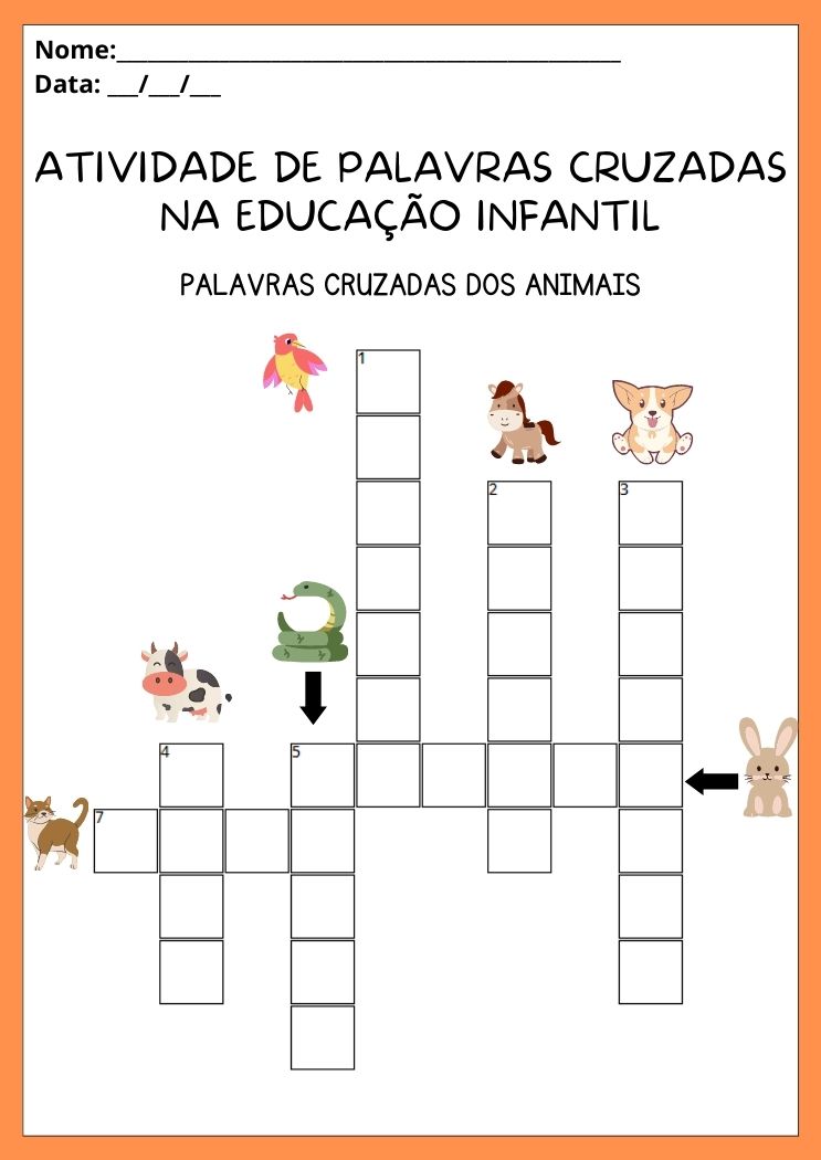 Atividade de palavras cruzadas dos animais na educação infantil para imprimir