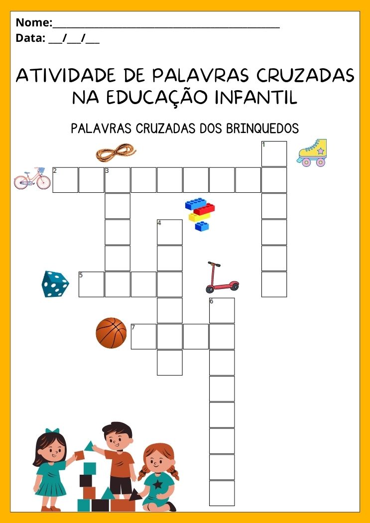 Atividade de palavras cruzadas dos brinquedos na educação infantil para imprimir