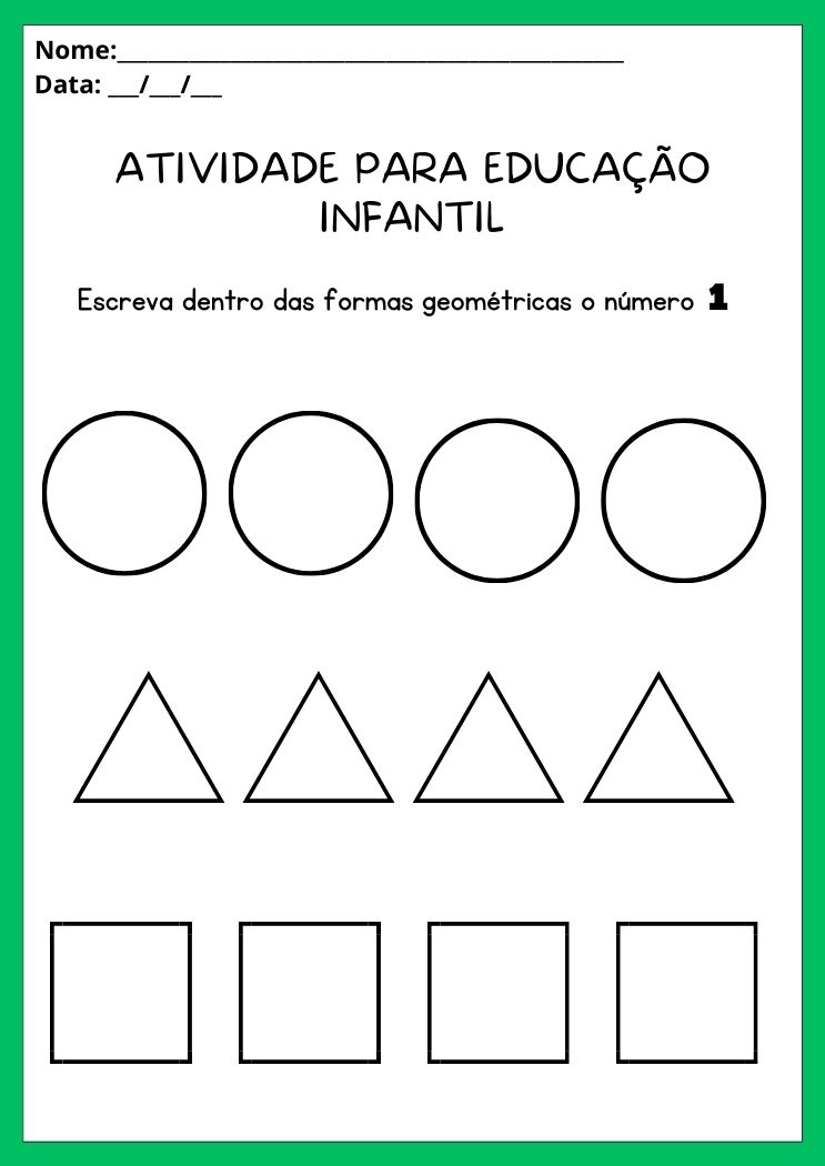 Atividade para educação infantil escreva o número 1 nas formas geométricas para imprimir