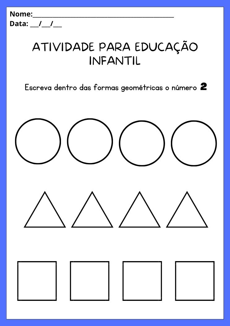 Atividade para educação infantil escreva o número 2 nas formas geométricas para imprimir