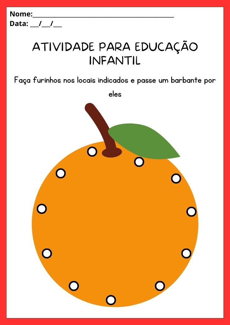Atividade para educação infantil faça furinhos na laranja e passe barbante por eles para imprimir