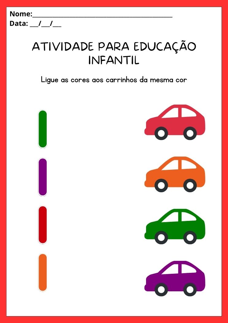 Atividade para educação infantil ligue as cores ao carro da mesma cor para imprimir