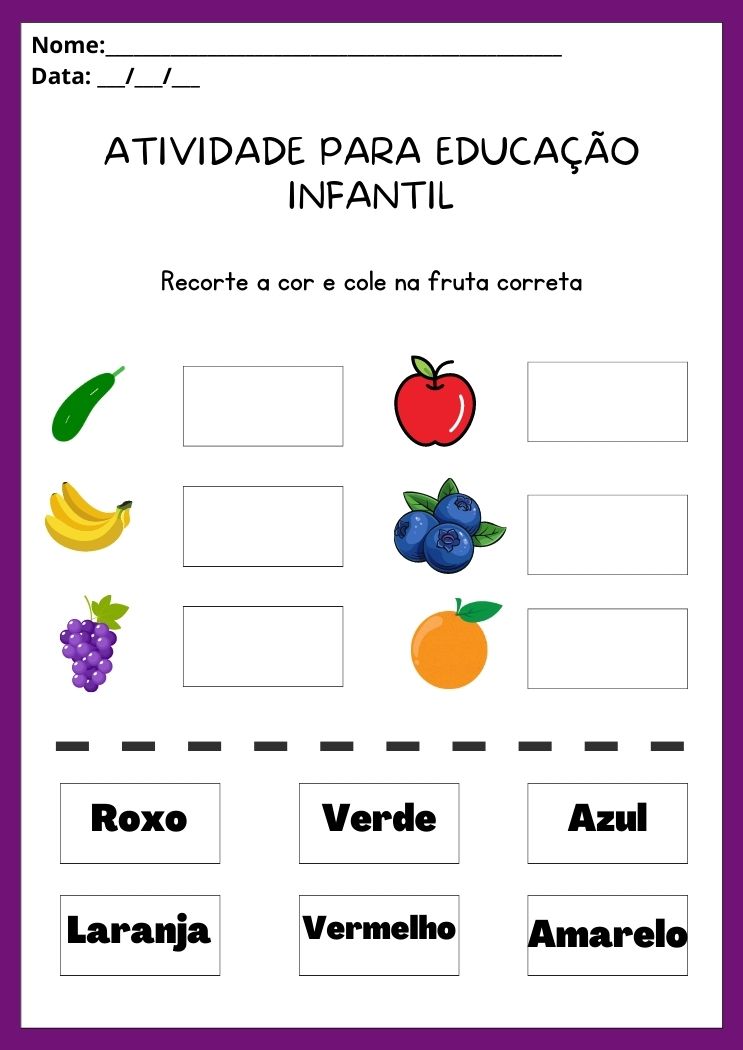 Atividade para educação infantil recorte as cores e cole na fruta correta para imprimir