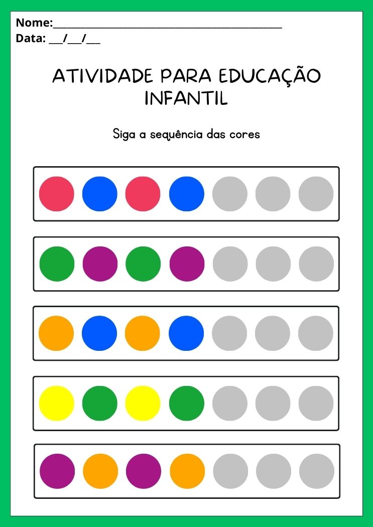 Atividade para educação infantil siga a sequência das cores para imprimir