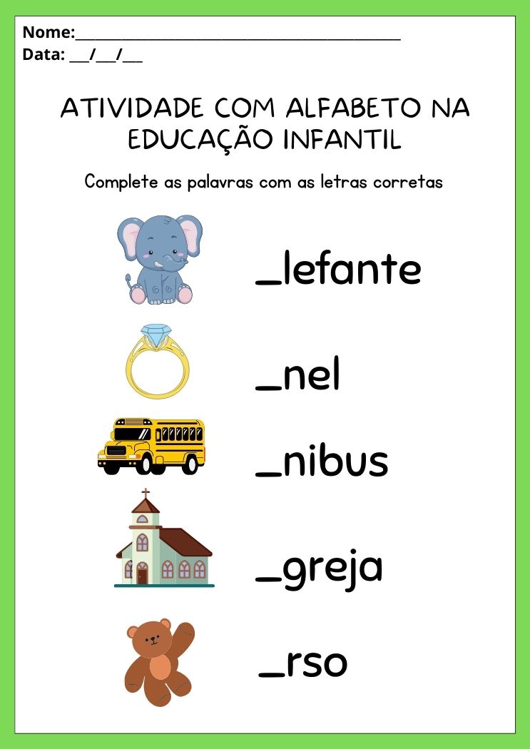 Atividades com alfabeto na educação infantil complete as palavras com a letra inicial