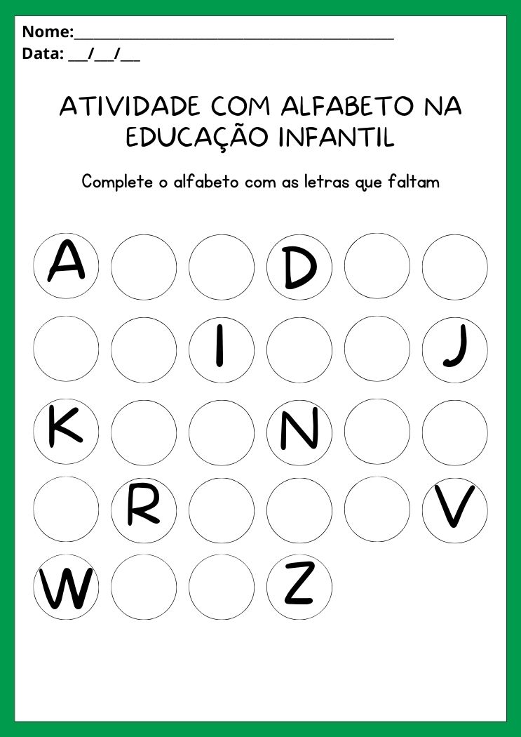 Atividades com alfabeto na educação infantil complete o alfabeto com as letras que faltam