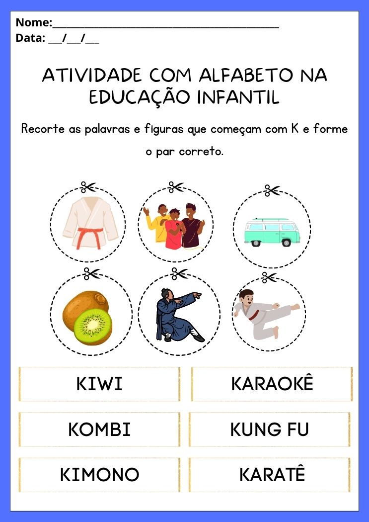Atividades com alfabeto na educação infantil jogo de figuras e palavras com a letra K