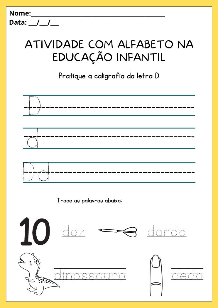 Atividades com alfabeto na educação infantil letra pratique a caligrafia da letra D