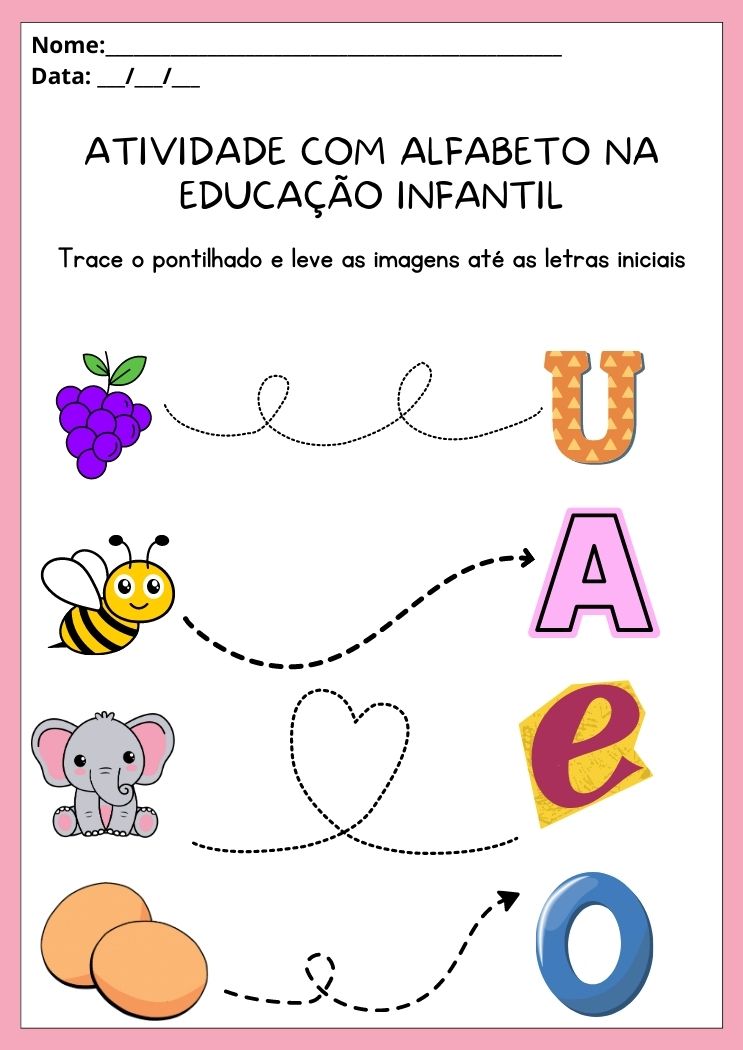Atividades com alfabeto na educação infantil trace o pontilhado e leve a fruta até a letra inicial