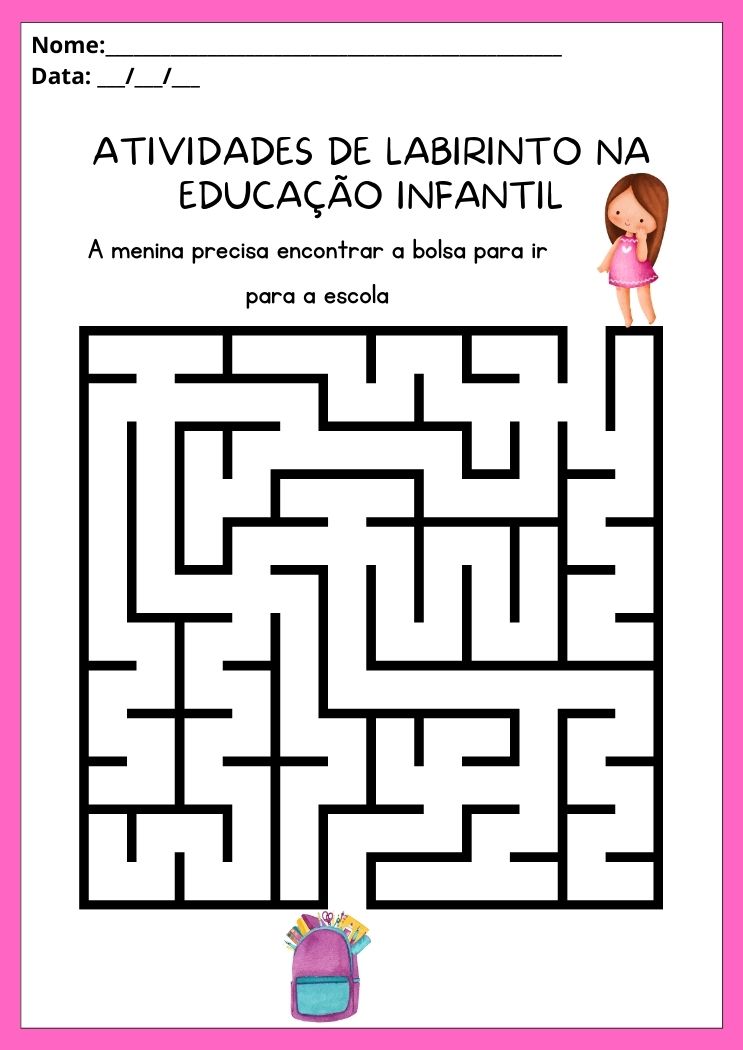 Atividades de labirinto na educação infantil ajude a menina a encontrar a bolsa para imprimir