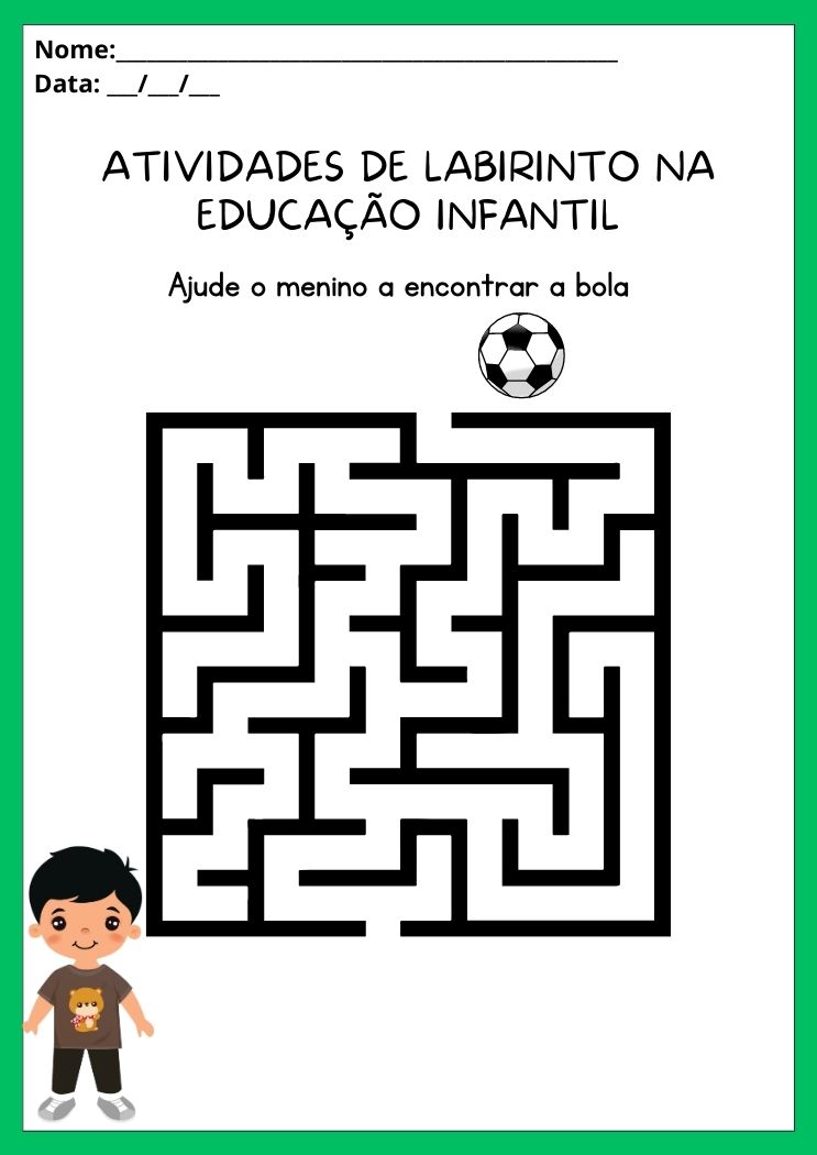 Atividades de labirinto na educação infantil ajude o menino a encontrar a bola