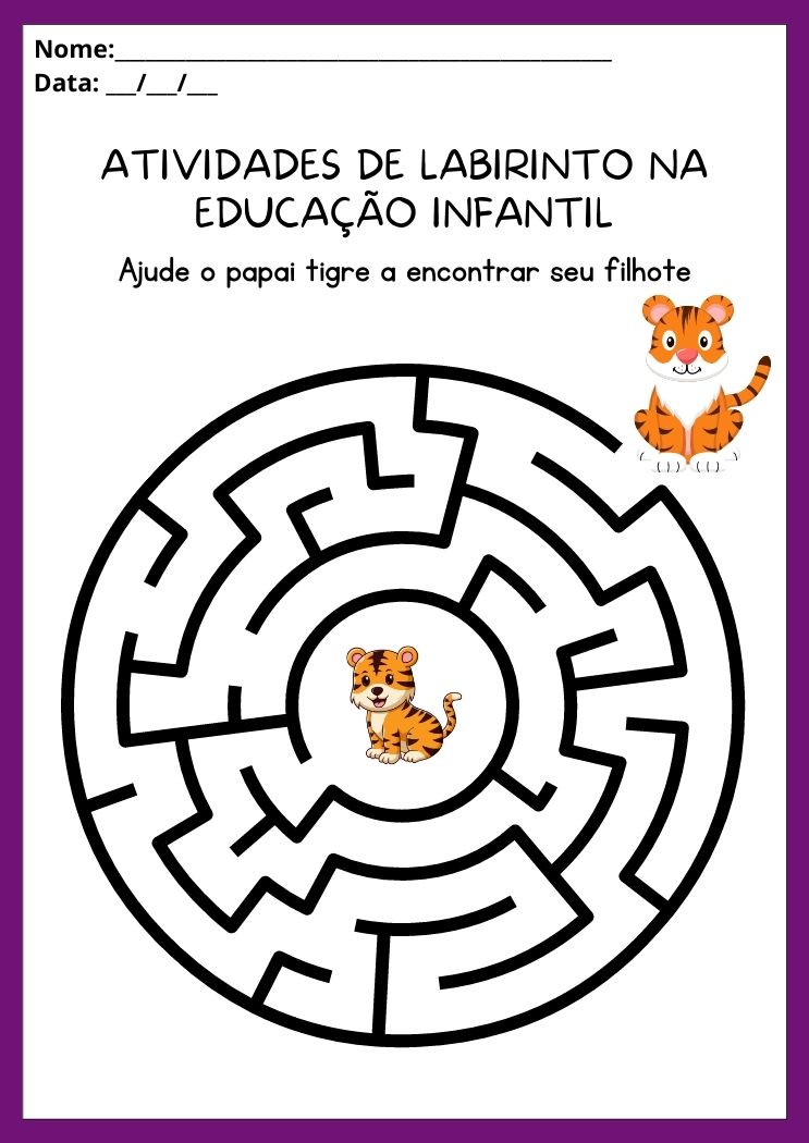 Atividades de labirinto na educação infantil ajude o papai tigre a encontrar o filhote para imprimir
