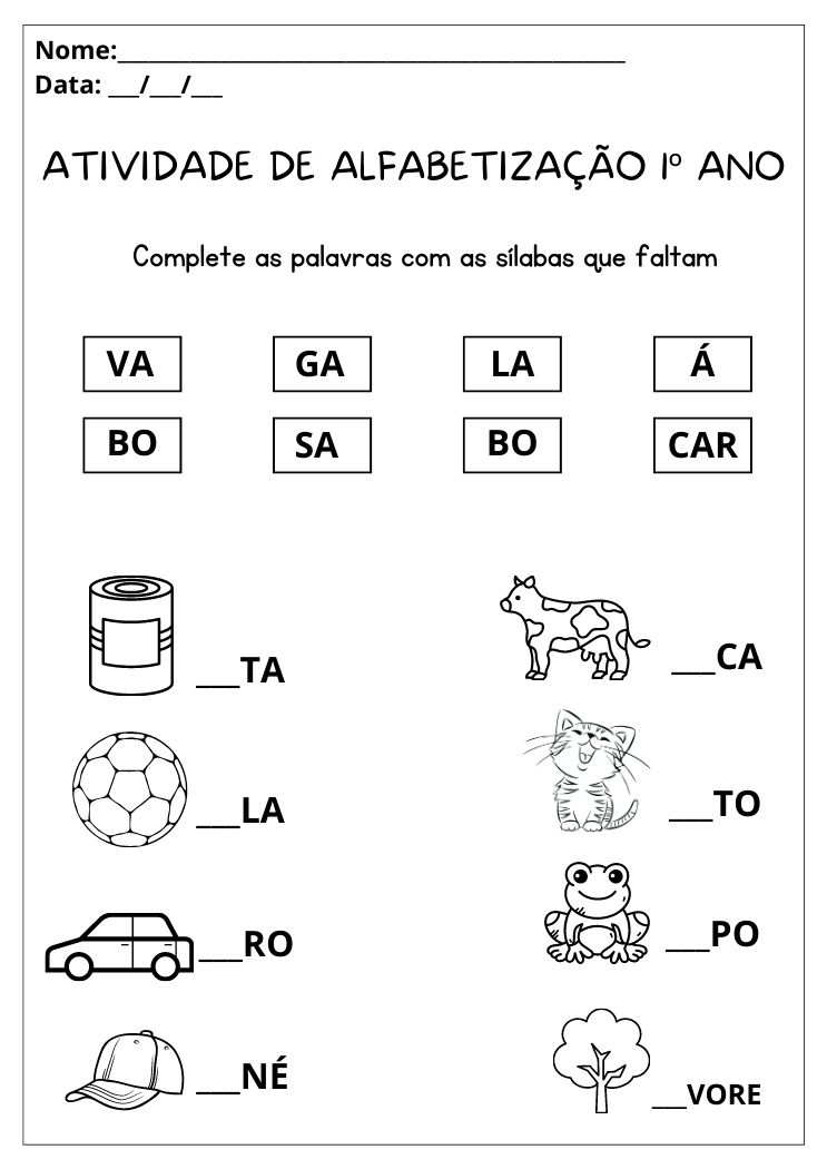 Atividade de alfabetização 1º ano complete as palavras com as sílabas que faltam para imprimir
