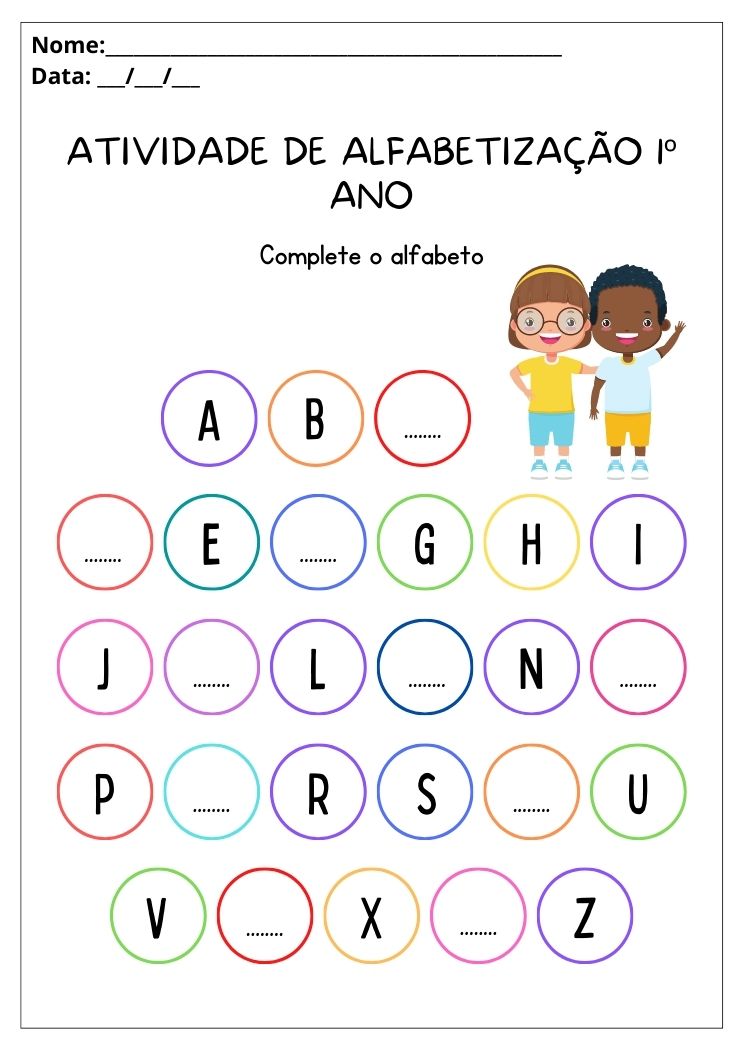 Atividade de alfabetização 1º ano complete o alfabeto com as letras que faltam para imprimir