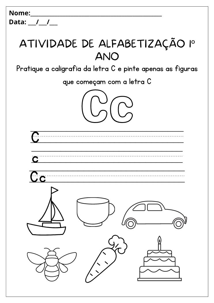 Atividade de alfabetização 1º ano pratique a caligrafia da letra C e pinte as figuras que começam com a letra C para imprimir