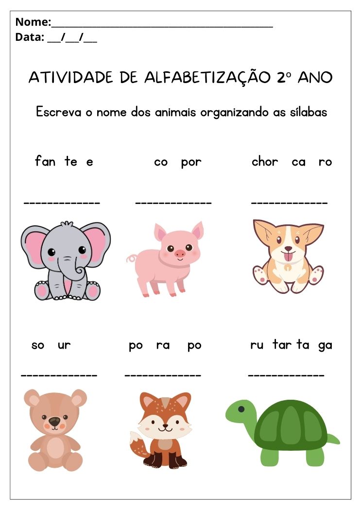 Atividade de alfabetização 2º ano escreva o nome dos animais organizando as sílabas para imprimir
