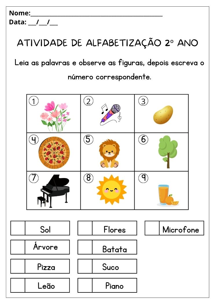 Atividade de alfabetização 2º ano escreva o número da figura correspondente em cada palavra para imprimir