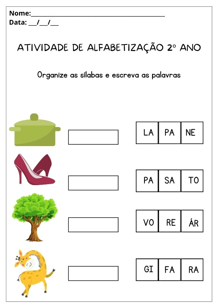 Atividade de alfabetização 2º ano organize as sílabas e escreva as palavras para imprimir