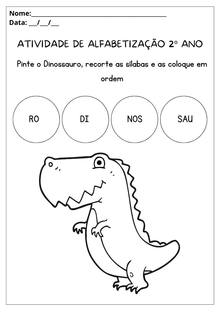 Atividade de alfabetização 2º ano organize as sílabas, monte a palavra e pinte o dinossauro para imprimir