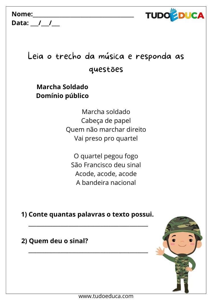 Atividade de alfabetização 3º ano responda as questões referente a canção marcha soldado para imprimir
