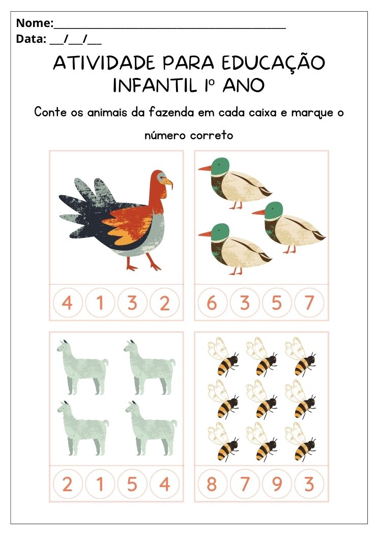 Atividade para educação infantil 1º ano conte os animais e marque o número correto para imprimir