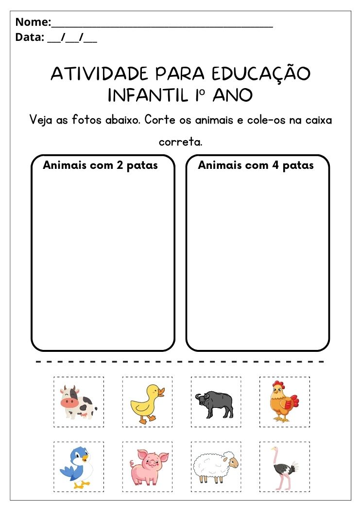 Atividade para educação infantil 1º ano corte os animais de 2 e 4 patas e cole no local correto para imprimir