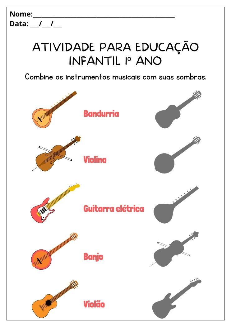 Atividade para educação infantil 1º ano ligue os instrumentos musicais as suas sombras para imprimir