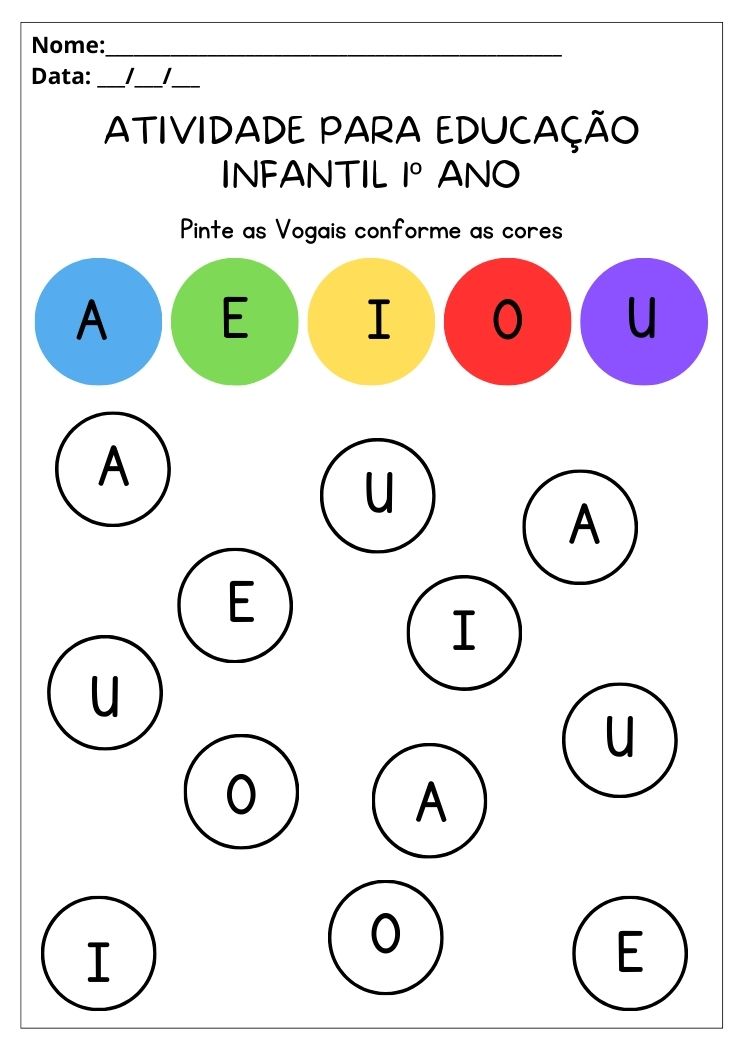 Atividade para educação infantil 1º ano pinte as vogais conforme as cores para imprimir
