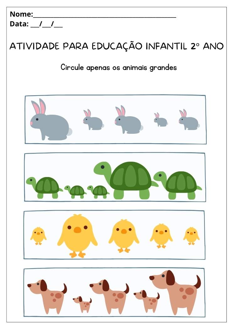 Atividade para educação infantil 2ºano circule apenas os animais grandes para imprimir
