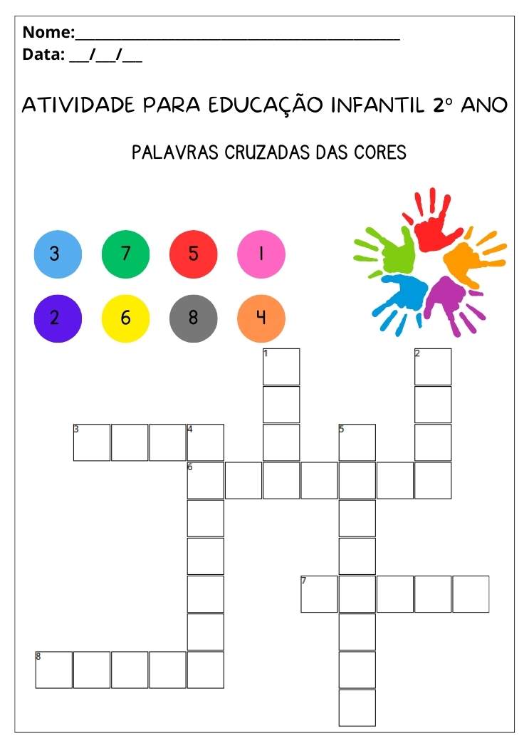 Atividade para educação infantil 2ºano palavras cruzadas das cores para imprimir
