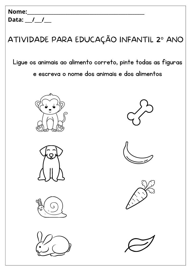 Atividade para educação infantil 2ºano pinte os animais, ligue-os aos alimentos que comem e escreva os nomes para imprimir