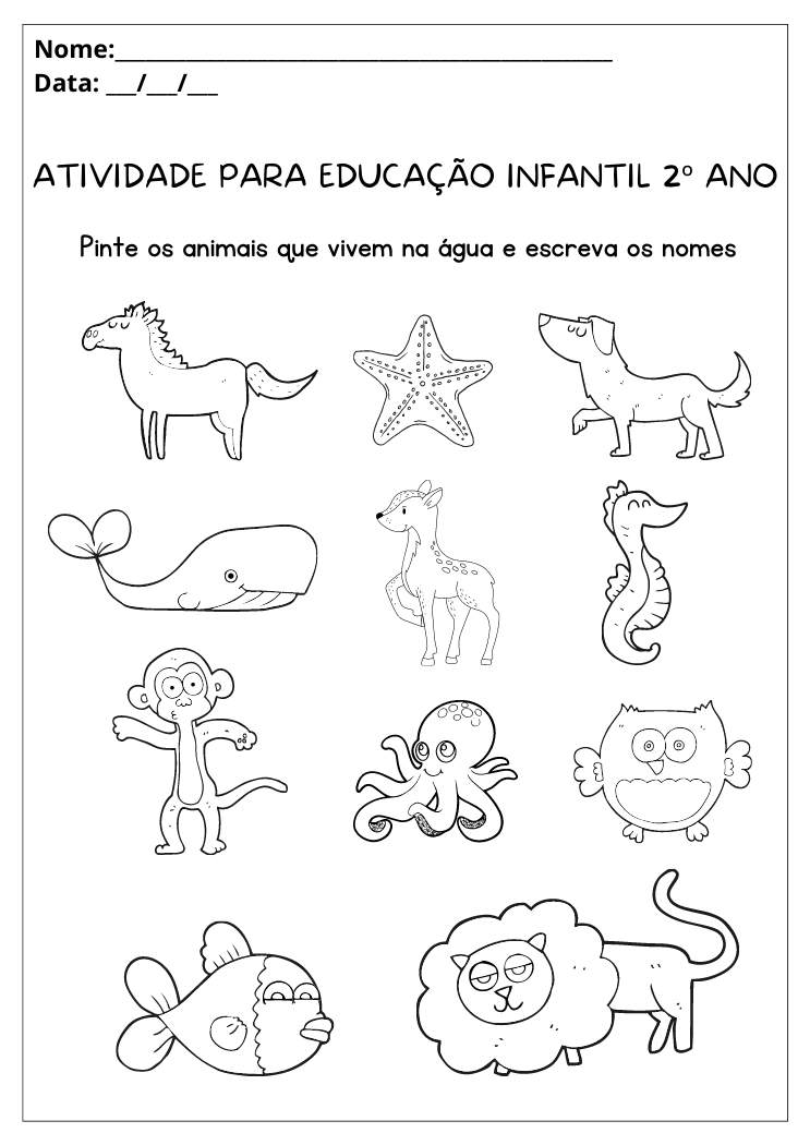 Atividade para educação infantil 2ºano pinte os animais que vivem no mar e escreva o nome de cada um para imprimir