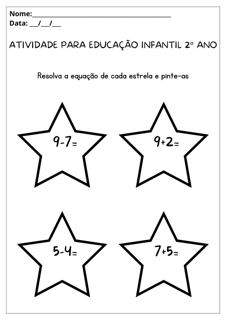 Atividade para educação infantil 2ºano resolva a equação de cada estrela e pinte-as para imprimir
