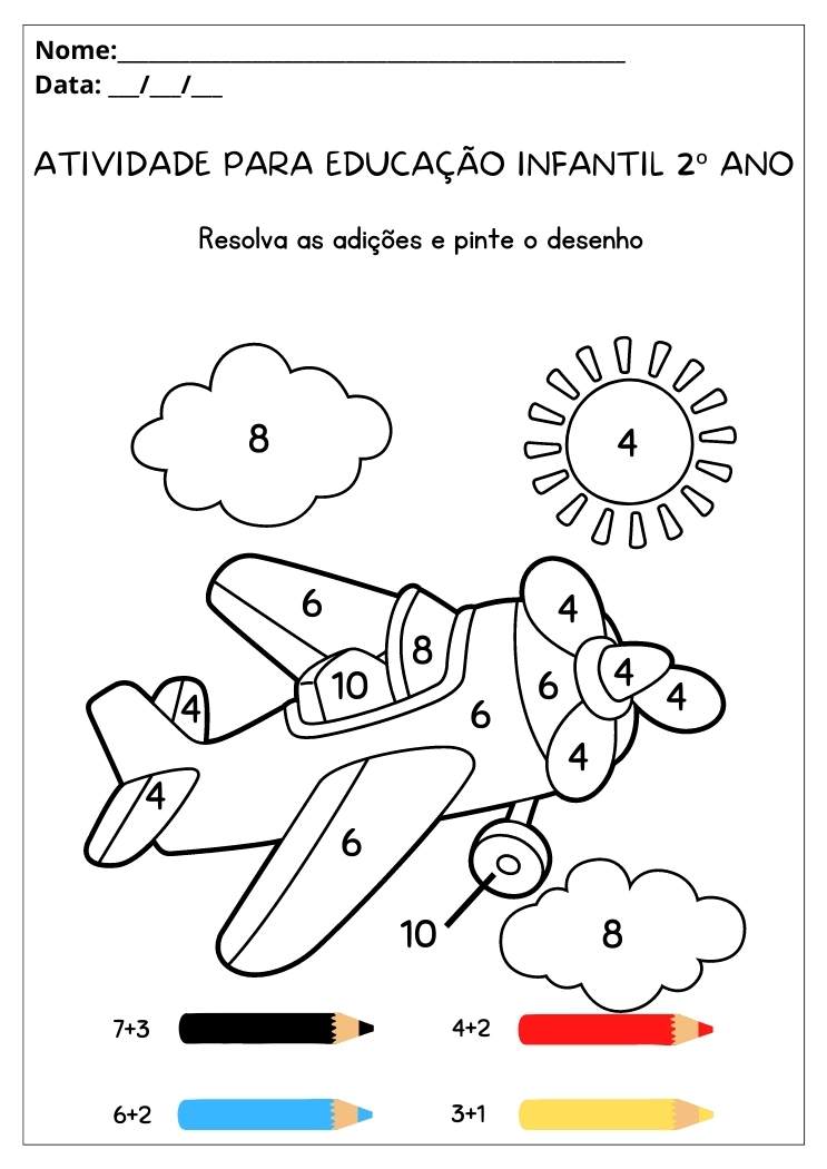 Atividade para educação infantil 2ºano resolva as adições e pinte o desenho para imprimir