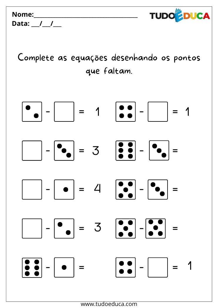 Atividade para educação infantil 3º ano complete as equações desenhando os pontos que faltam para imprimir