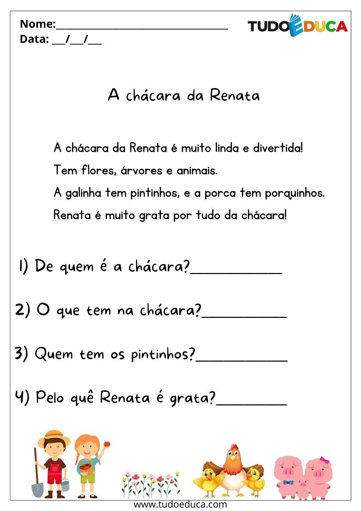 Atividade para educação infantil 3º ano leia o texto A chácara da Renata e responda as questões para imprimir