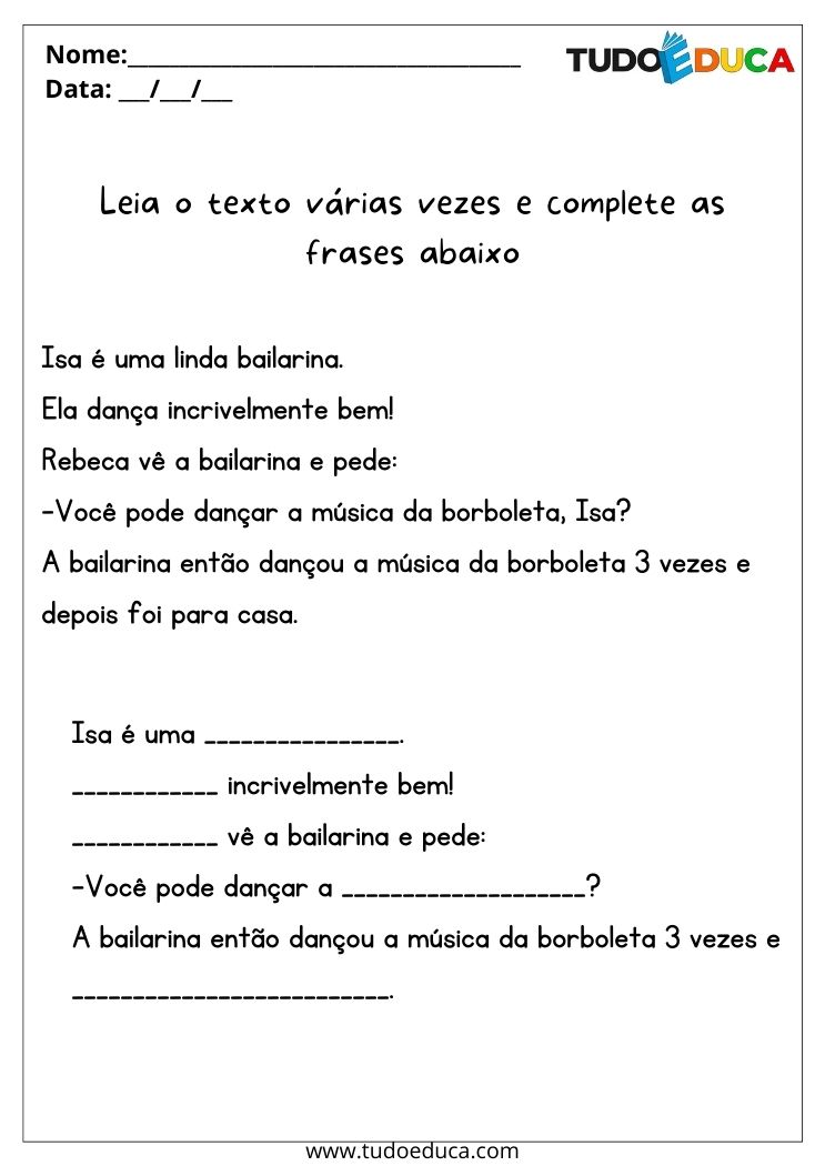 Atividade para educação infantil 3º ano leia o texto e complete as frases para imprimir