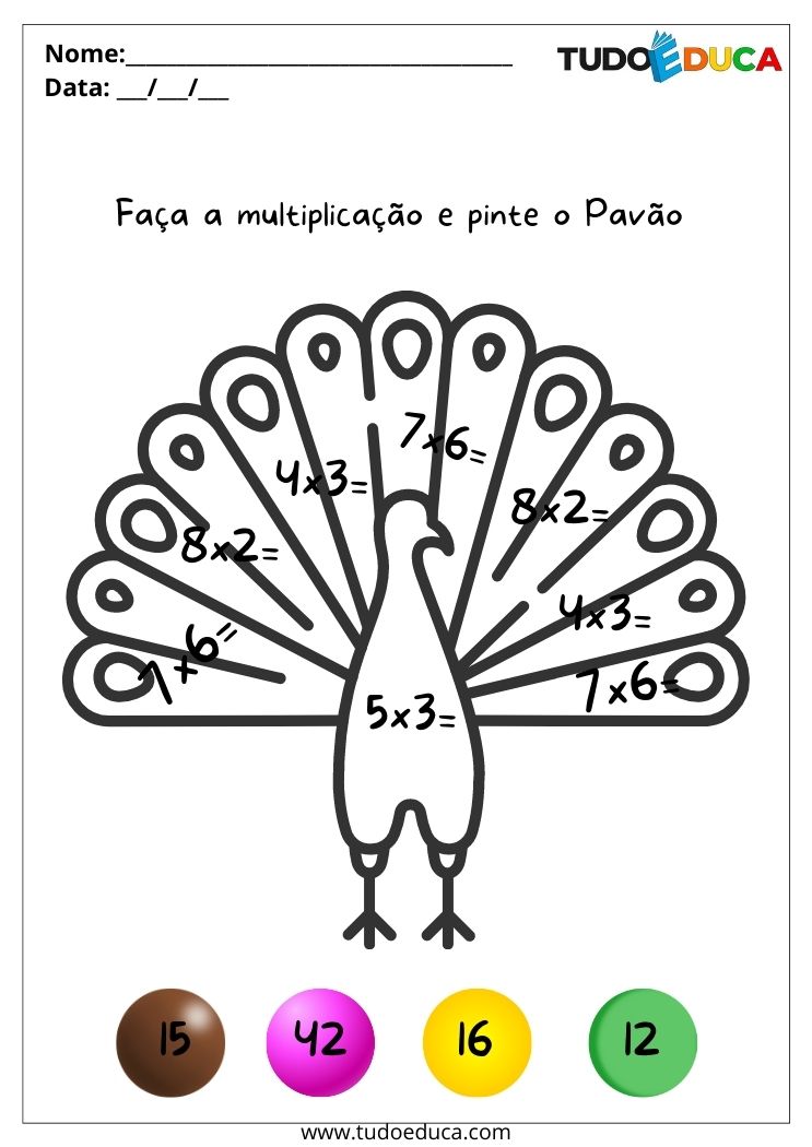Atividade para educação infantil 3º ano pinte o pavão de acordo com o resultado da multiplicação para imprimir