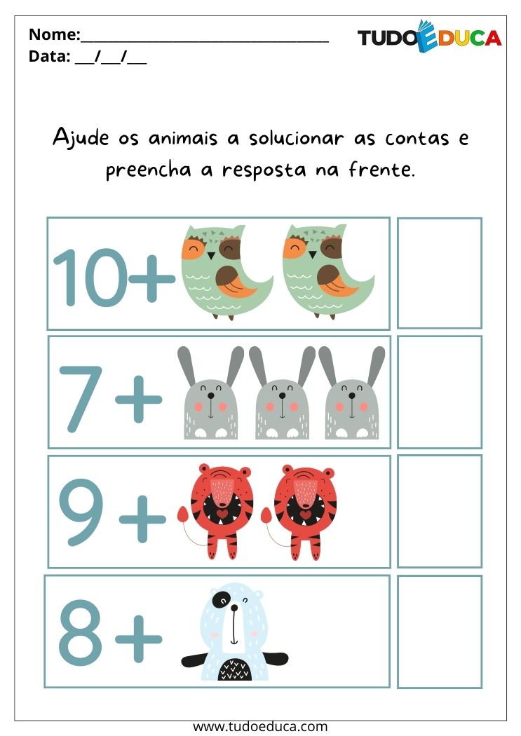Atividade para educação infantil 3º ano resolva as adições dos animais para imprimir