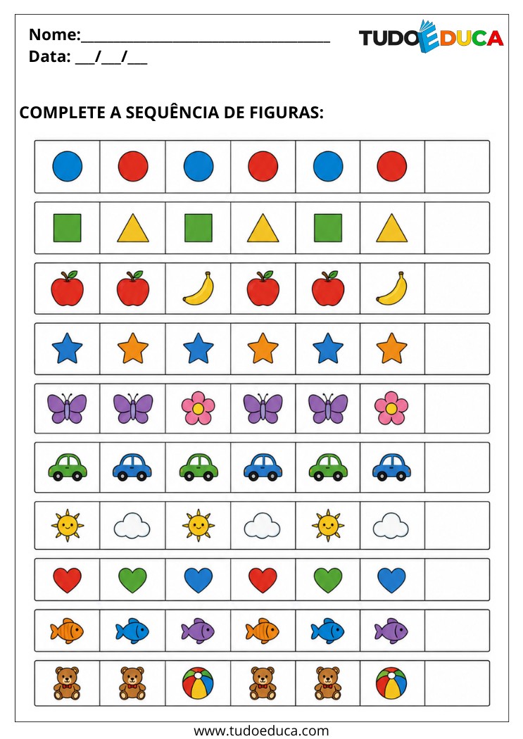 Atividade de completar a sequencia para Alunos com Autismo