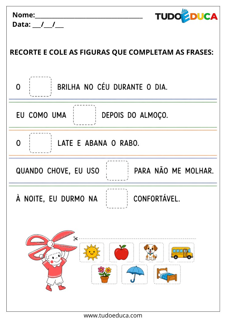 Atividade de completar com figuras para Alunos com Autismo