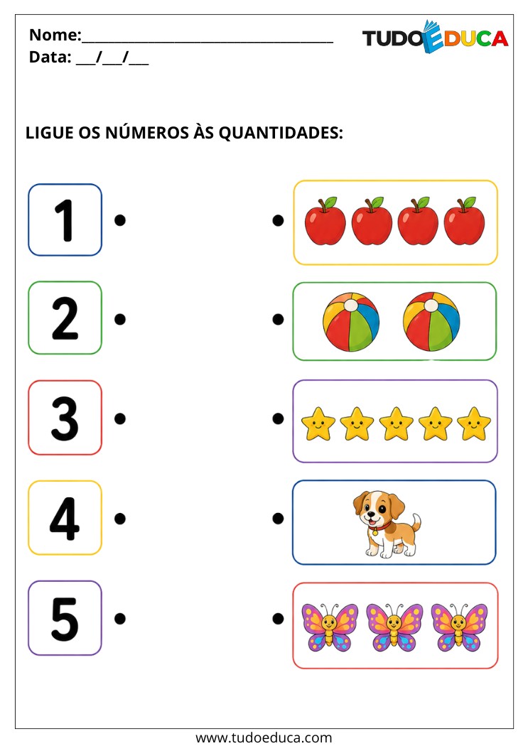 Atividade de ligar os números às quantidades para Alunos com Autismo
